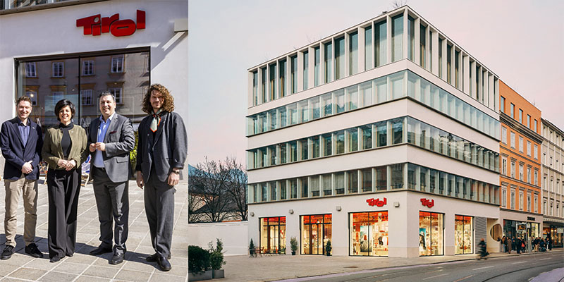 Martin Reiter (Geschäftsführer der Lebensraum Tirol Gruppe), Karin Seiler (Geschäftsführerin der Tirol Werbung), Marcus Hofer (Geschäftsführer der Standortagentur Tirol) und Architekt Michael Schmücking (v.l.) feierten gemeinsam die Eröffnung von „Moments Tirol“. © Lebensraum Tirol Gruppe / Hetfleisch (l.), Constantin Mirbach (r.)